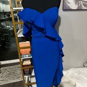 Aidan Mattox Ruffled One Shoulder Sapphire Blue Cocktail Midi Dress size 14